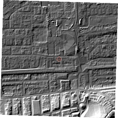 Shaded relief map of the ground around SE29QD, computed from Environment Agency LiDAR. The ground here sits at about 1 m above sea level and falls 21 m across the surrounding 800 m. Surface water reaching this point runs off ground lying to the east-north-east, 2.6 m higher.