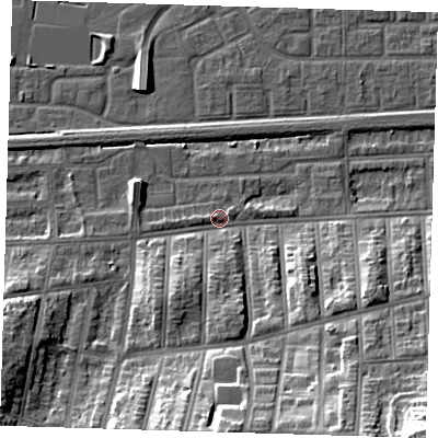 Shaded relief map of the ground around SE29QE, computed from Environment Agency LiDAR. The ground here sits at about 4 m above sea level and falls 28 m across the surrounding 800 m. Surface water reaching this point runs off ground lying to the south, 17.4 m higher.