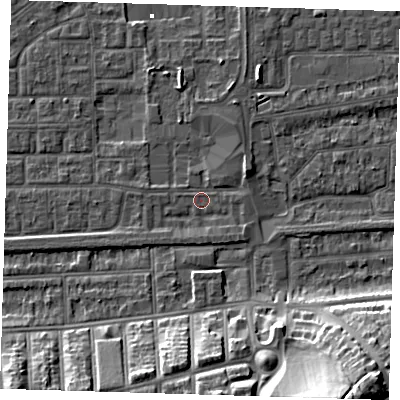 Shaded relief map of the ground around SE29QF, computed from Environment Agency LiDAR. The ground here sits at about 1 m above sea level and falls 21 m across the surrounding 800 m. Surface water reaching this point runs off ground lying to the east-north-east, 2.6 m higher.