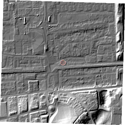 Shaded relief map of the ground around SE29QG, computed from Environment Agency LiDAR. The ground here sits at about 1 m above sea level and falls 24 m across the surrounding 800 m. Surface water reaching this point runs off ground lying to the east-north-east, 5.6 m higher.