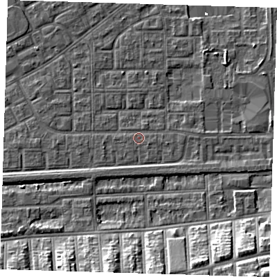 Shaded relief map of the ground around SE29QH, computed from Environment Agency LiDAR. The ground here sits at about 1 m above sea level and falls 15 m across the surrounding 800 m. Surface water reaching this point runs off ground lying to the east-south-east, 0.7 m higher.