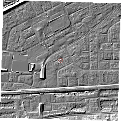 Shaded relief map of the ground around SE29QL, computed from Environment Agency LiDAR. The ground here sits at about 1 m above sea level and falls 7 m across the surrounding 800 m. Surface water reaching this point runs off ground lying to the south, 2.3 m higher.