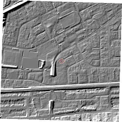 Shaded relief map of the ground around SE29QN, computed from Environment Agency LiDAR. The ground here sits at about 1 m above sea level and falls 8 m across the surrounding 800 m. Surface water reaching this point runs off ground lying to the south-south-west, 5.7 m higher.