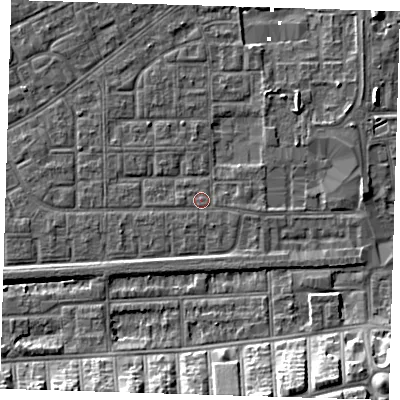 Shaded relief map of the ground around SE29QQ, computed from Environment Agency LiDAR. The ground here sits at about 1 m above sea level and falls 12 m across the surrounding 800 m. Surface water reaching this point runs off ground lying to the south-west, 1.6 m higher.