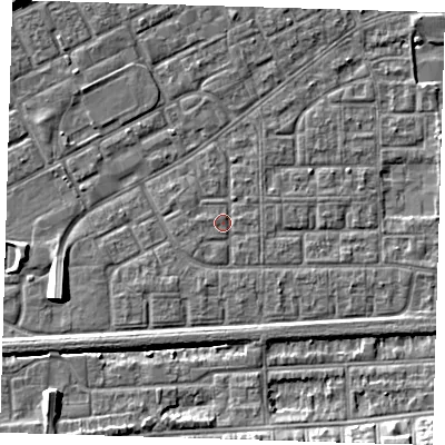 Shaded relief map of the ground around SE29QR, computed from Environment Agency LiDAR. The ground here sits at about 1 m above sea level and falls 7 m across the surrounding 800 m. Surface water reaching this point runs off ground lying to the south-west, 1.3 m higher.