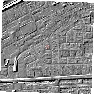 Shaded relief map of the ground around SE29QS, computed from Environment Agency LiDAR. The ground here sits at about 1 m above sea level and falls 8 m across the surrounding 800 m. The ground contributing surface water to this point lies to the north-east.