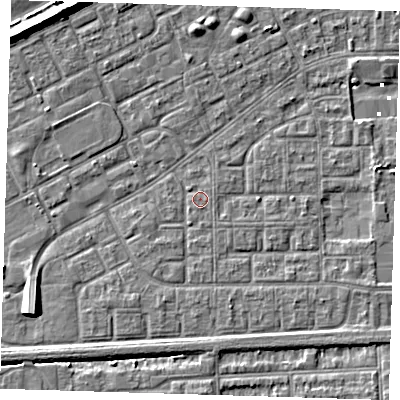 Shaded relief map of the ground around SE29QT, computed from Environment Agency LiDAR. The ground here sits at about 1 m above sea level and falls 8 m across the surrounding 800 m. Surface water reaching this point runs off ground lying to the south, 0.7 m higher.