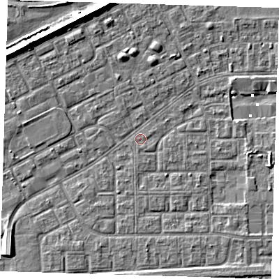 Shaded relief map of the ground around SE29QU, computed from Environment Agency LiDAR. The ground here sits at about 1 m above sea level and falls 8 m across the surrounding 800 m. The ground contributing surface water to this point lies to the south-south-east.