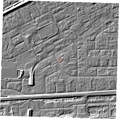 Shaded relief map of the ground around SE29QW, computed from Environment Agency LiDAR. The ground here sits at about 1 m above sea level and falls 7 m across the surrounding 800 m. Surface water reaching this point runs off ground lying to the south, 1.0 m higher.