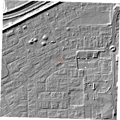 Shaded relief map of the ground around SE29QX, computed from Environment Agency LiDAR. The ground here sits at about 0 m above sea level and falls 8 m across the surrounding 800 m. Surface water reaching this point runs off ground lying to the south-east, 2.1 m higher.