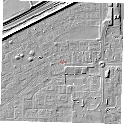 Shaded relief map of the ground around SE29QY, computed from Environment Agency LiDAR. The ground here sits at about 0 m above sea level and falls 8 m across the surrounding 800 m. Surface water reaching this point runs off ground lying to the east-south-east, 5.0 m higher.