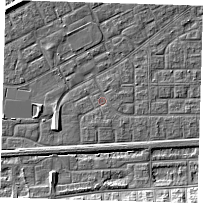 Shaded relief map of the ground around SE29RA, computed from Environment Agency LiDAR. The ground here sits at about 1 m above sea level and falls 7 m across the surrounding 800 m. Surface water reaching this point runs off ground lying to the south, 0.6 m higher.