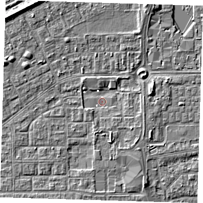 Shaded relief map of the ground around SE29RB, computed from Environment Agency LiDAR. The ground here sits at about 0 m above sea level and falls 7 m across the surrounding 800 m. Surface water reaching this point runs off ground lying to the east-north-east, 4.5 m higher.