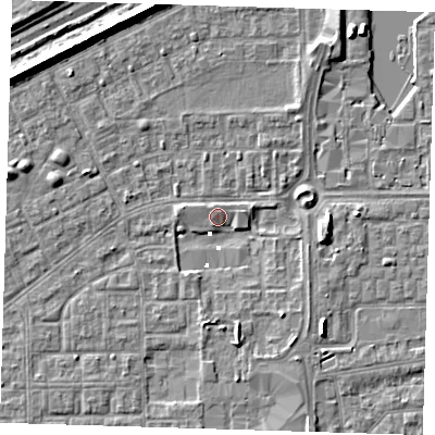 Shaded relief map of the ground around SE29RD, computed from Environment Agency LiDAR. The ground here sits at about 1 m above sea level and falls 7 m across the surrounding 800 m. Surface water reaching this point runs off ground lying to the west-north-west, 2.5 m higher.