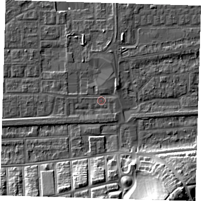 Shaded relief map of the ground around SE29RE, computed from Environment Agency LiDAR. The ground here sits at about 1 m above sea level and falls 21 m across the surrounding 800 m. Surface water reaching this point runs off ground lying to the north-east, 2.6 m higher.