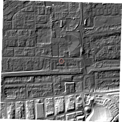 Shaded relief map of the ground around SE29RF, computed from Environment Agency LiDAR. The ground here sits at about 1 m above sea level and falls 22 m across the surrounding 800 m. Surface water reaching this point runs off ground lying to the south-west, 1.4 m higher.