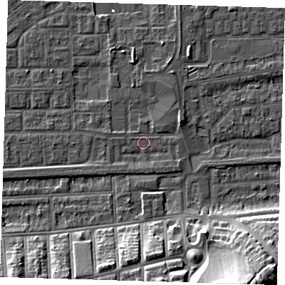 Shaded relief map of the ground around SE29RG, computed from Environment Agency LiDAR. The ground here sits at about 1 m above sea level and falls 22 m across the surrounding 800 m. Surface water reaching this point runs off ground lying to the east-north-east, 2.6 m higher.