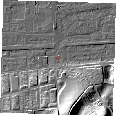 Shaded relief map of the ground around SE29RH, computed from Environment Agency LiDAR. The ground here sits at about 1 m above sea level and falls 41 m across the surrounding 800 m. Surface water reaching this point runs off ground lying to the south, 36.2 m higher.