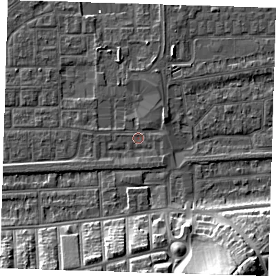 Shaded relief map of the ground around SE29RJ, computed from Environment Agency LiDAR. The ground here sits at about 1 m above sea level and falls 21 m across the surrounding 800 m. Surface water reaching this point runs off ground lying to the north-east, 2.6 m higher.