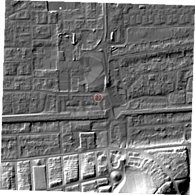 Shaded relief map of the ground around SE29RL, computed from Environment Agency LiDAR. The ground here sits at about 1 m above sea level and falls 21 m across the surrounding 800 m. Surface water reaching this point runs off ground lying to the north-north-east, 2.6 m higher.