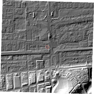 Shaded relief map of the ground around SE29RN, computed from Environment Agency LiDAR. The ground here sits at about 1 m above sea level and falls 25 m across the surrounding 800 m. Surface water reaching this point runs off ground lying to the west-south-west, 1.4 m higher.