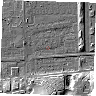 Shaded relief map of the ground around SE29RP, computed from Environment Agency LiDAR. The ground here sits at about 1 m above sea level and falls 22 m across the surrounding 800 m. Surface water reaching this point runs off ground lying to the south-south-west, 13.0 m higher.