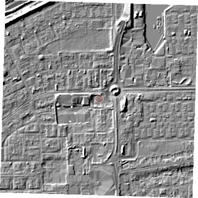 Shaded relief map of the ground around SE29RQ, computed from Environment Agency LiDAR. The ground here sits at about 0 m above sea level and falls 7 m across the surrounding 800 m. Surface water reaching this point runs off ground lying to the east-south-east, 5.0 m higher.