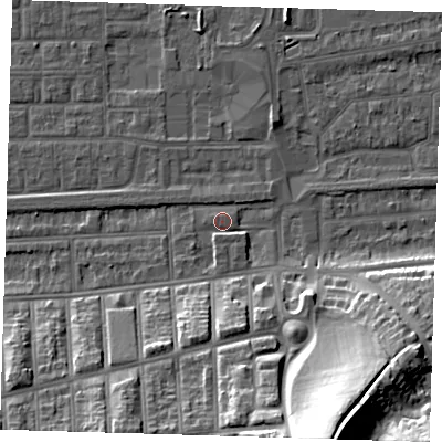 Shaded relief map of the ground around SE29RR, computed from Environment Agency LiDAR. The ground here sits at about 2 m above sea level and falls 35 m across the surrounding 800 m. Surface water reaching this point runs off ground lying to the south-south-east, 33.7 m higher.