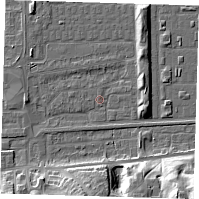 Shaded relief map of the ground around SE29RU, computed from Environment Agency LiDAR. The ground here sits at about 1 m above sea level and falls 26 m across the surrounding 800 m. Surface water reaching this point runs off ground lying to the east-north-east, 5.6 m higher.