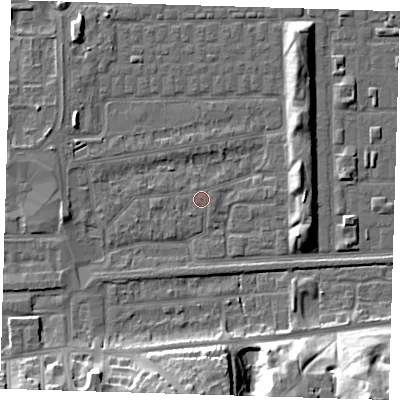 Shaded relief map of the ground around SE29RX, computed from Environment Agency LiDAR. The ground here sits at about 1 m above sea level and falls 24 m across the surrounding 800 m. The ground contributing surface water to this point lies to the south-west.