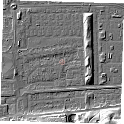 Shaded relief map of the ground around SE29RY, computed from Environment Agency LiDAR. The ground here sits at about 1 m above sea level and falls 18 m across the surrounding 800 m. Surface water reaching this point runs off ground lying to the east, 5.6 m higher.
