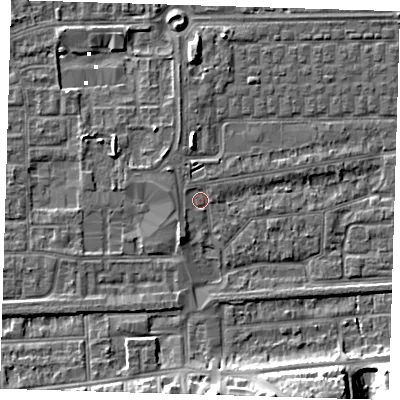 Shaded relief map of the ground around SE29SA, computed from Environment Agency LiDAR. The ground here sits at about 1 m above sea level and falls 12 m across the surrounding 800 m. Surface water reaching this point runs off ground lying to the north-west, 1.3 m higher.
