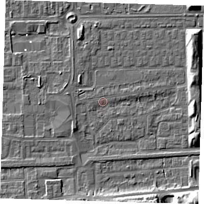 Shaded relief map of the ground around SE29SD, computed from Environment Agency LiDAR. The ground here sits at about 1 m above sea level and falls 12 m across the surrounding 800 m. Surface water reaching this point runs off ground lying to the east, 5.7 m higher.