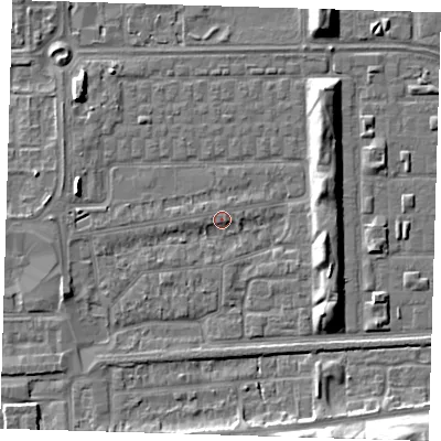 Shaded relief map of the ground around SE29SE, computed from Environment Agency LiDAR. The ground here sits at about 1 m above sea level and falls 11 m across the surrounding 800 m. Surface water reaching this point runs off ground lying to the east-south-east, 5.7 m higher.