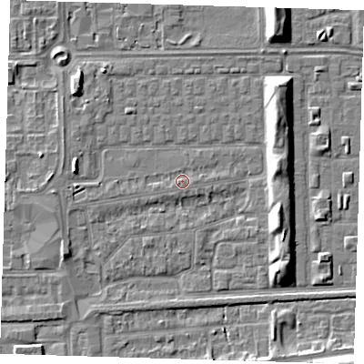 Shaded relief map of the ground around SE29SF, computed from Environment Agency LiDAR. The ground here sits at about 2 m above sea level and falls 7 m across the surrounding 800 m. Surface water reaching this point runs off ground lying to the west-south-west, 0.9 m higher.