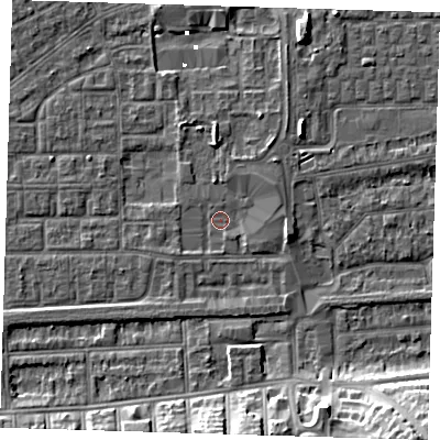 Shaded relief map of the ground around SE29SG, computed from Environment Agency LiDAR. The ground here sits at about 1 m above sea level and falls 15 m across the surrounding 800 m. Surface water reaching this point runs off ground lying to the east-south-east, 2.7 m higher.