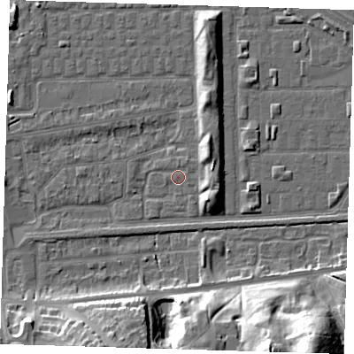 Shaded relief map of the ground around SE29SJ, computed from Environment Agency LiDAR. The ground here sits at about 1 m above sea level and falls 27 m across the surrounding 800 m. Surface water reaching this point runs off ground lying to the east-north-east, 5.2 m higher.