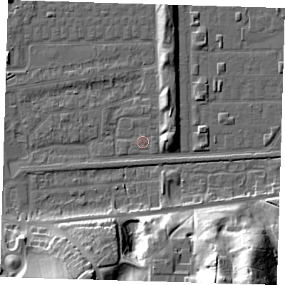 Shaded relief map of the ground around SE29SL, computed from Environment Agency LiDAR. The ground here sits at about 1 m above sea level and falls 32 m across the surrounding 800 m. Surface water reaching this point runs off ground lying to the east, 0.6 m higher.
