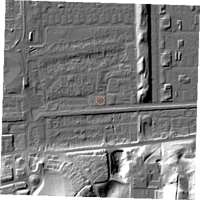 Shaded relief map of the ground around SE29SN, computed from Environment Agency LiDAR. The ground here sits at about 1 m above sea level and falls 33 m across the surrounding 800 m. Surface water reaching this point runs off ground lying to the north-east, 5.4 m higher.