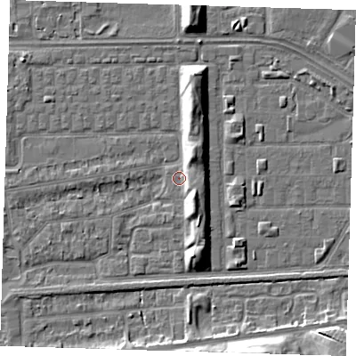 Shaded relief map of the ground around SE29SP, computed from Environment Agency LiDAR. The ground here sits at about 1 m above sea level and falls 9 m across the surrounding 800 m. Surface water reaching this point runs off ground lying to the north-east, 5.0 m higher.