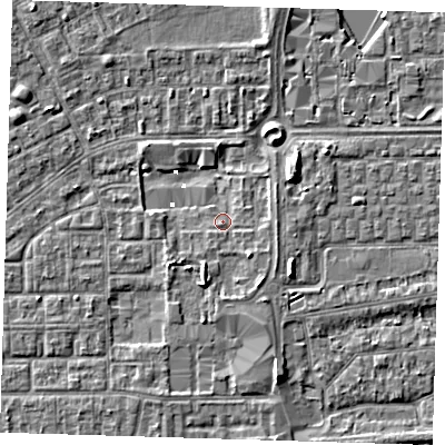 Shaded relief map of the ground around SE29SQ, computed from Environment Agency LiDAR. The ground here sits at about 1 m above sea level and falls 5 m across the surrounding 800 m. Surface water reaching this point runs off ground lying to the south-south-east, 3.1 m higher.