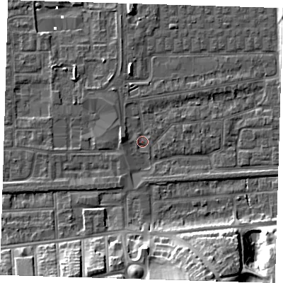 Shaded relief map of the ground around SE29SW, computed from Environment Agency LiDAR. The ground here sits at about 1 m above sea level and falls 17 m across the surrounding 800 m. Surface water reaching this point runs off ground lying to the south, 11.0 m higher.