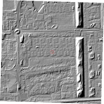 Shaded relief map of the ground around SE29SZ, computed from Environment Agency LiDAR. The ground here sits at about 1 m above sea level and falls 7 m across the surrounding 800 m. The ground contributing surface water to this point lies to the north-east.