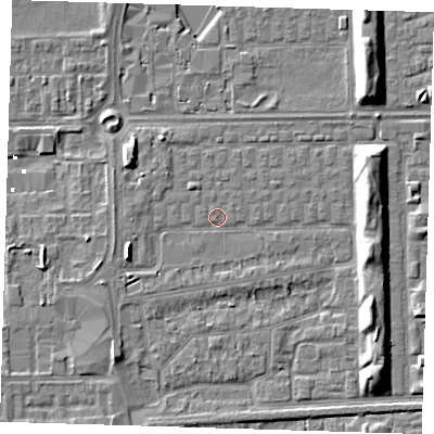 Shaded relief map of the ground around SE29TA, computed from Environment Agency LiDAR. The ground here sits at about 1 m above sea level and falls 7 m across the surrounding 800 m. Surface water reaching this point runs off ground lying to the east-south-east, 5.9 m higher.