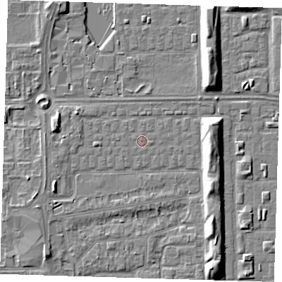 Shaded relief map of the ground around SE29TD, computed from Environment Agency LiDAR. The ground here sits at about 1 m above sea level and falls 7 m across the surrounding 800 m. The ground contributing surface water to this point lies to the west-north-west.