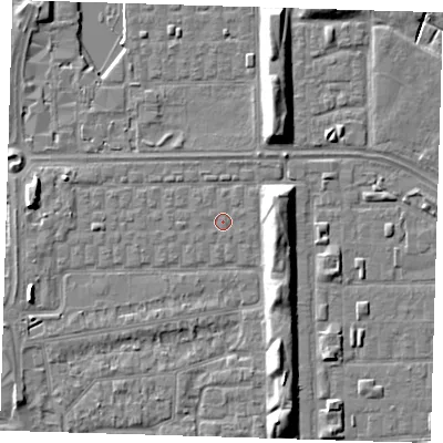 Shaded relief map of the ground around SE29TE, computed from Environment Agency LiDAR. The ground here sits at about 1 m above sea level and falls 7 m across the surrounding 800 m. The ground contributing surface water to this point lies to the south-south-west.