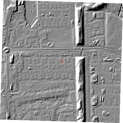 Shaded relief map of the ground around SE29TF, computed from Environment Agency LiDAR. The ground here sits at about 1 m above sea level and falls 7 m across the surrounding 800 m. The ground contributing surface water to this point lies to the west.