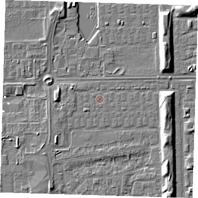 Shaded relief map of the ground around SE29TG, computed from Environment Agency LiDAR. The ground here sits at about 1 m above sea level and falls 7 m across the surrounding 800 m. The ground contributing surface water to this point lies to the south-south-west.