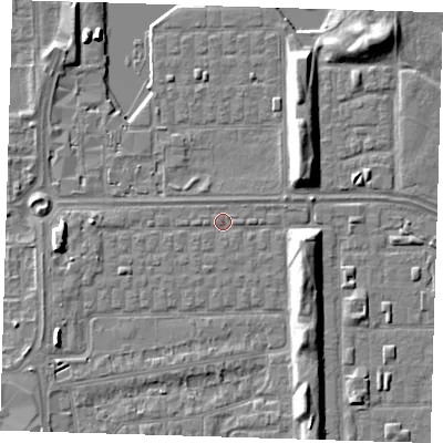 Shaded relief map of the ground around SE29TL, computed from Environment Agency LiDAR. The ground here sits at about 1 m above sea level and falls 7 m across the surrounding 800 m. Surface water reaching this point runs off ground lying to the west-south-west, 1.0 m higher.
