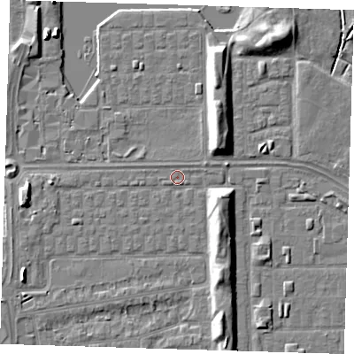Shaded relief map of the ground around SE29TN, computed from Environment Agency LiDAR. The ground here sits at about 1 m above sea level and falls 7 m across the surrounding 800 m. Surface water reaching this point runs off ground lying to the south-east, 5.6 m higher.